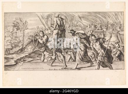 Aeneas et ses vols familiaux au départ de Troy; Eripit Aeneas Humeris ex Hoste Parentem; errances d'Aeneas; l'ENEA Vagante Pitture Dei Caracci. Aeneas et ses vols familiaux de la Troy en feu. Aeneas porte son père Anchises sur ses épaules. Derrière eux, marcher Creüsa et Ascanius. À droite un groupe de soldats. L'imprimé appartenait à l'origine au Liber 22 de l'Atlas de Michiel Hinloopen (semble-t-il au livre 10). Banque D'Images