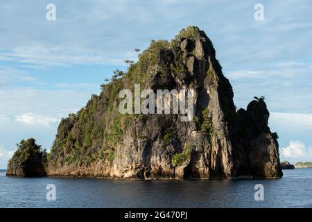 Pinnacle calcaire, les îles Raja Ampat, Papouasie occidentale, en Indonésie Banque D'Images