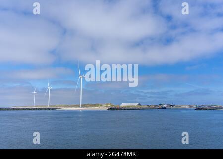 Éoliennes sur la côte ouest du Danemark sous un ciel bleu Banque D'Images