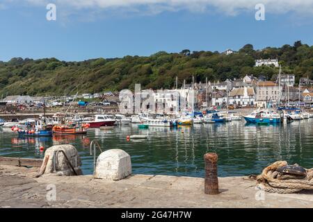 Vue de la Cobb des bateaux de pêche dans le port, Lyme Regis, Dorset, Angleterre, Royaume-Uni Banque D'Images