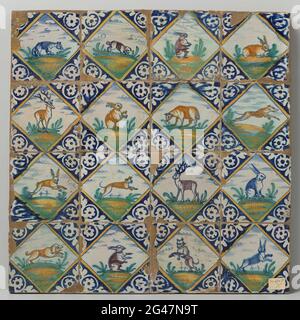Champ de seize tuiles avec animaux. Champ de seize tuiles (4 x 4) chacune avec un animal peint en plusieurs couleurs (bleu, orange, jaune, vert et violet) dans un carré. Dans les coins, technologie de remplissage ornement. Banque D'Images