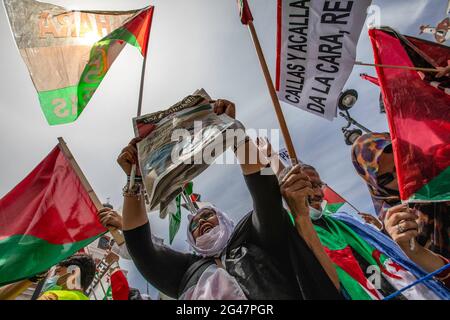 Madrid, Espagne. 19 juin 2021. Les manifestants branle des drapeaux sahraouis tout en criant des slogans pendant la manifestation. Des milliers de personnes ont défilé dans le centre-ville de Madrid pour donner une visibilité à la situation de la population sahraouie après 45 ans de conflit, il a commencé à partir de différentes parties du pays et s'est terminé à Madrid. Il a été appelé le crédit "la liberté": SOPA Images Limited/Alamy Live News Banque D'Images