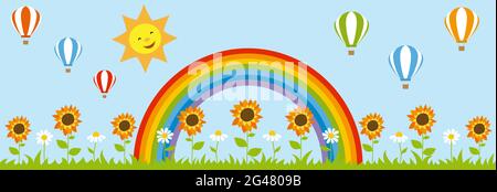 Arrière-plan panoramique avec jardin fleuri, arc-en-ciel, ballons d'air chaud et soleil souriant. Banque D'Images