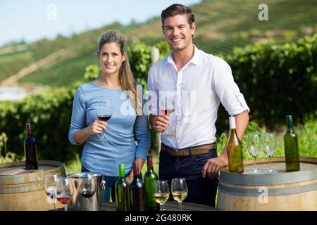 Portrait d'amis tenant des lunettes de vin par table contre le vignoble Banque D'Images