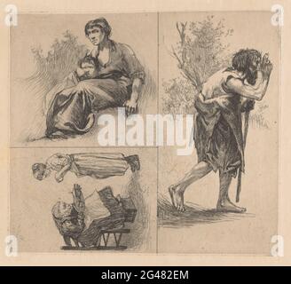 Trois représentations avec des figures humaines. Feuille avec trois performances. En haut à droite, un barbu habillé de chiffons qui marche avec un personnel. En bas à gauche une femme assise qui utilise un pied et enveloppe la laine. Au-dessus d'une femme assise qui embrasse un enfant. Banque D'Images