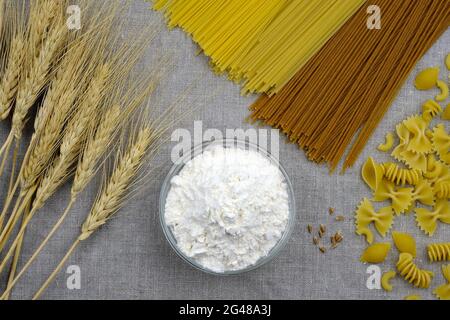 Farine, pâtes, spaghetti et épillets de blé sur toile grise vue du dessus. Pâtes de blé dur. Produits contenant du gluten. Œillets secs et flou blanc Banque D'Images