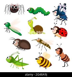 Ensemble d'insectes de dessin animé isolé sur fond blanc.insectes souriants drôles.coléoptères colorés collection de caractères.animaux de jardin mignons.Illustration vectorielle de stock Illustration de Vecteur