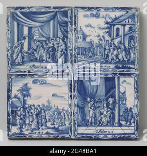 Tuile avec la médaille de la pauvre veuve. Tuile avec une performance biblique peinte en bleu, la médaille de la pauvre veuve avec l'inscription: Marc 12:41. Le spectacle est encadré de feuilles et de C-voluten. Cette tuile fait partie d'un champ de tuiles 2 x 2 avec BK-15580, 15581 et 15582. Banque D'Images