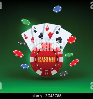 Quatre cartes à jouer et jetons de jeu. Illustration vectorielle. Quatre cartes à jouer et une puce de jeu sur fond vert. Concept de bannière de Casino. En ligne Illustration de Vecteur