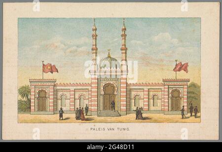 Palais de Tunis à l'exposition universelle d'Amsterdam, 1883; Palais de tunis; Rappel d'Amsterdam en 1883. Le Palais de Tunis à l'exposition universelle du Museumplein à Amsterdam. Partie d'un groupe de seize plaques et d'une carte de l'exposition mondiale à Amsterdam du 1er mai au 1er octobre 1883. Edition des nouvelles de la journée. Banque D'Images