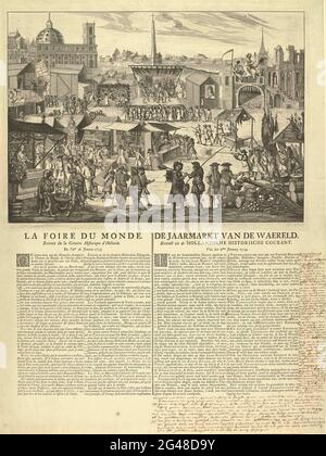 Foire annuelle en allégorie sur la situation politique de l'Europe en l'an 1739; la Foire du monde. Extension de la Gazette historique d'Hollande. L'8me de janvier 1739 / le marché de l'année du serveur. Extrait du courant historique Hollandsche. Van den 8ste janvier 1739. Représentation extensive d'un marché annuel comme allégorie de la situation politique de l'Europe en l'an 1739. Marché avec toutes sortes d'allégoriques, étals avec des marchandises, théâtre et jeux qui se réfèrent à des événements politiques et des gens. Sur la feuille sous la plaque, textes en français et en allemand avec une déclaration de la p Banque D'Images