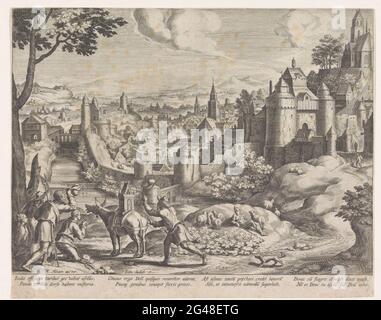 Paysage avec l'emblème de l'adoration de l'idole d'Isis; emblèmes dans un paysage. Paysage vallonné avec une ville et des murs de la ville. Laissé au premier plan, certains agriculteurs adorent une image de la déesse féminine d'Isis qui est transportée sur un âne. À côté de l'âne se trouve un homme qui pave l'animal avec un fouet. L'âne pense que les gens l'adorent au lieu d'Isis. C'est l'imagination d'un emblème par lequel la morale de l'histoire met en garde contre l'arrogance et l'honneur inmérité. L'imprimé a une légende latine avec la légende de l'Emblem non Tibi SED Religioni d'Andrea Alciati. Banque D'Images