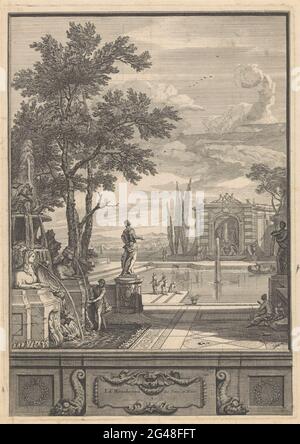 Paysage avec fontaine et étang; pièces dans la maison de M. Mesquita; salle stuc dans 't Huys van de HR. D. B. Mezquita. Paysage avec une fontaine avec un dragon inspirant l'eau. De chaque côté des sphinxes respiratoires à l'eau du dragon. En arrière-plan un bassin d'eau avec une gondole. Sur le côté des figures et un pêcheur. Au panneau peint dans le hall de la maison de Koopman David Bueno de Mesquita. Banque D'Images