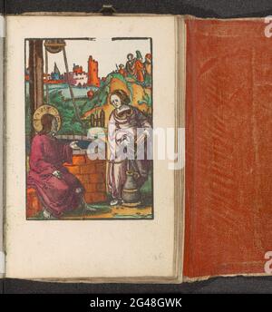 Christ et la femme samaritaine; la petite passion; la passion stupide. Le Christ repose sur le Jakobsbron, après avoir envoyé ses disciples dans la ville. Sur la droite, ils partent pour la ville. Une femme samaritaine vient pour dessiner de l'eau et parle avec le Christ. L'impression fait partie d'un livre. Banque D'Images