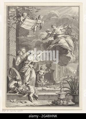 Poésie en conversation avec des figures allégoriques; page de titre pour: Arnold Hoogvliet, Zydebalen, Dofdicht, 1740. Poésie qui tombe d'un nuage dans un jardin, en conversation avec la femme allégorique personnages hospitalité, amitié et courtoisie. Au premier plan, trois putti qui symbolisent les soins d'achat (avec caduceus), la mécanique (avec crochet d'achat) et le pays. Dans l'air, deux putti volent avec un tissu sur lequel le titre en néerlandais. Banque D'Images