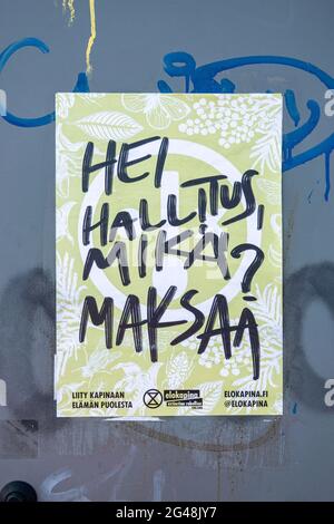 Hei hallitus, mikä maksaa? Extinction Rebellion Finlande ou Elokapina affiche de wheatpate. Helsinki, Finlande. Banque D'Images