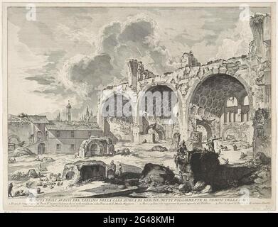 Basilique Van Maxentius te Rome; vue de l'Avanzi du Tablin de la maison Nerone Aurea, a tourné le temple de la paix; Gezichten op Rome; vues de Rome conçu et gravé par Giambattista Piranesi architecte VE (nez) iano. Gezicht Op de Resten van de Basilica van Maxentius op Het Forum Romanum te Rome. Titel en Verklande Nummers in Overtermard. Banque D'Images