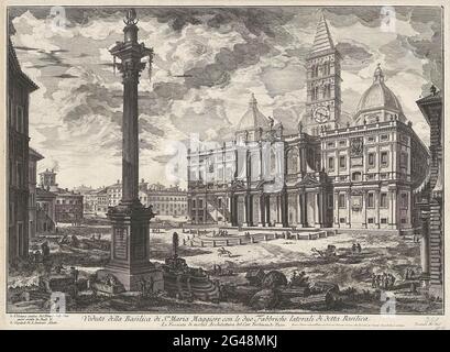 Santa Maria Maggiore te Rome; vue de la Basilique de S. TA Maria Maggiore avec les deux usines latérales de ladite basilique; Gezichten op Rome; vues de Rome conçu et gravé par Giambattista Piranesi architecte VE (nez) iano. Gezicht op Piazza di Santa Maria Maggiore te Rome met de Santa Maria Maggiore en de Colonna della Pace. Titel en Verklande Nummers in Overtermard. Banque D'Images