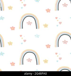 Motif fantaisie sans couture avec dessin animé arc-en-ciel, coeurs et fleurs sur fond blanc. Texture enfant. Style dessin animé Doodle. StyleCoute d'été pour bébé Illustration de Vecteur