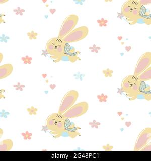 Lapins fée à motif sans couture de style abstrait sur fond blanc.lapins mignons avec baguette magique et ailes imprimé moderne abstrait.motif en tissu. Illustration de Vecteur