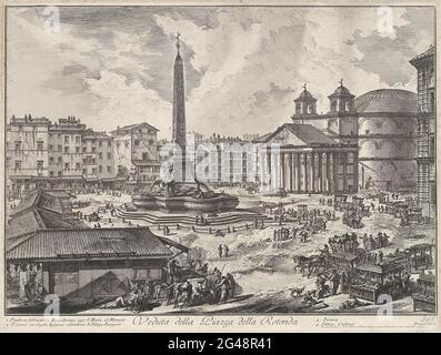 Piazza della Rotonda te Rome ; vue sur la place Rotonda ; Gezichten op Rome ; vue sur Rome conçue et gravée par Giambattista Piranesi Architect VE (nez) iano. Le Gezicht Op Het Piazza della Rotonda te Rome rencontre le Het Pantheon en de Fontana del Pantheon. Titel en Verklande Lijst met Nummers à Overtermard. Banque D'Images