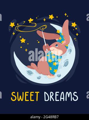 Magicien de lapin avec baguette magique faire des étoiles sur le ciel allongé sur la lune. Lapin assistant en chapeau de sorcière assis sur le croissant. Doux rêves. Illustration de Vecteur