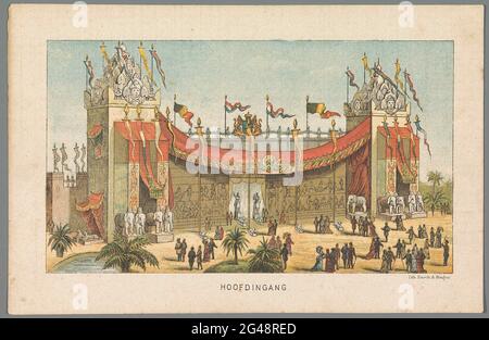 Entrée principale de l'exposition universelle d'Amsterdam, 1883; entrée principale; Rappel d'Amsterdam en 1883. Entrée principale de l'exposition universelle sur Museumplein à Amsterdam. Partie d'un groupe de seize plaques et d'une carte de l'exposition mondiale à Amsterdam du 1er mai au 1er octobre 1883. Edition des nouvelles de la journée. Banque D'Images