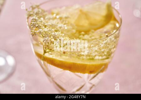 Un verre de limonade maison avec des fleurs fraîches, gros plan Banque D'Images
