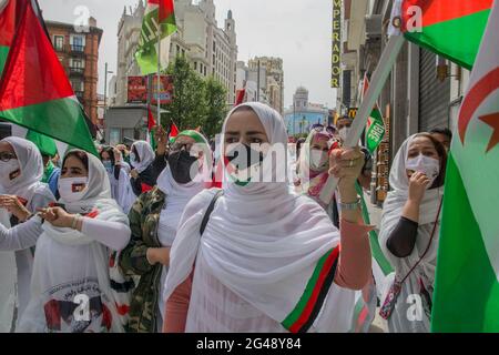 La manifestation pour la liberté du peuple sahraoui, a quitté la Plaza de España à 12 heures du matin pour se terminer à la Puerta del sol, où un acte a été réalisé. Cette marche qui a commencé à Cadix le 15 avril et a voyagé à travers différentes régions de la géographie espagnole. La « arche de la liberté » est née de la logique de l'action directe non violente pour justifier et donner de la visibilité à la lutte du peuple sahraoui et, de cette façon, sensibiliser les différents groupes politiques et, surtout, les citoyens, à la situation d'urgence vécue par la population sahraouie, qui h Banque D'Images