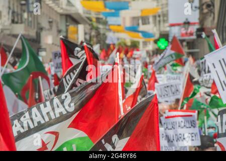 La manifestation pour la liberté du peuple sahraoui, a quitté la Plaza de España à 12 heures du matin pour se terminer à la Puerta del sol, où un acte a été réalisé. Cette marche qui a commencé à Cadix le 15 avril et a voyagé à travers différentes régions de la géographie espagnole. La « arche de la liberté » est née de la logique de l'action directe non violente pour justifier et donner de la visibilité à la lutte du peuple sahraoui et, de cette façon, sensibiliser les différents groupes politiques et, surtout, les citoyens, à la situation d'urgence vécue par la population sahraouie, qui h Banque D'Images