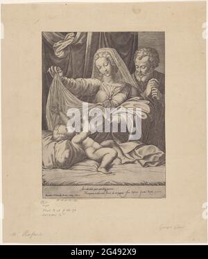 Sainte famille; Madonna Van Loreto. L'enfant Christ est sur un lit. Maria et Joseph sont à côté du lit. Maria essaie de couvrir Christ avec un tissu. Banque D'Images