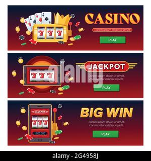 Ensemble de bannières web horizontales VIP, Vector en ligne casino texte club Golden logo concept. Machine à sous, jackpot de pièces d'or en chute Illustration de Vecteur