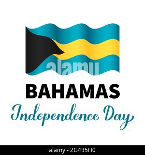 Lettrage au Bahamas Independence Day avec drapeau isolé sur blanc. Fête nationale célébrée le 10 juillet. Modèle vectoriel pour affiche typographique, bannière, Illustration de Vecteur