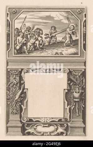 Esprits du Christ. L'agonie du Christ représentée par un putto avec une couronne de poutre qui porte la croix. Sur la gauche sont putti avec les outils de torture. L'image dans le cadre est porté par deux pilastres avec un trophée avec une couronne, un scepter, un ressort, des roses et des lys et à droite avec un trophée avec la croix et les outils de torture. Entre les pilastres une tablette vierge dans le cadre. Banque D'Images