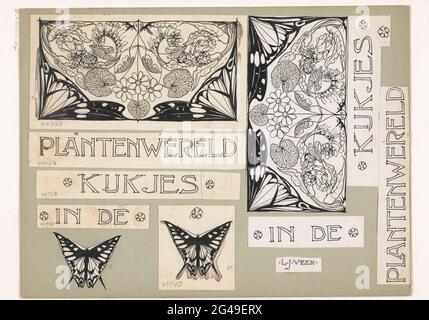 Design de groupe et illustrations pour: Emilie C. Knapert, montres dans le monde des plantes, 1893. Lettres pour le groupe de livres et dessins pour les illustrations avec papillons et motifs végétaux et floraux stylisés. Banque D'Images