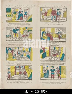 Fridolin ou le page du Roi le Portugal / Fridolin ou le Nokelnep van den Roi de Portugael. Leaf avec 12 représentations de l'histoire de Fridolin, accusé par Robert Vals. Le roi du Portugal recommande à de première personne de se jeter dans le four, et lui envoie Fridolin. Mais cela s'échappe parce qu'il se trompe d'abord. Robert subit le lot de Fridolins. Sous chaque image une légende en néerlandais et en français. Numéroté au milieu ci-dessus : n. 67. Banque D'Images