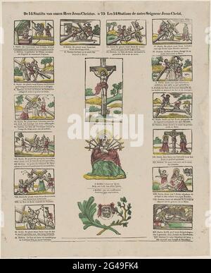 Les 14 states de notre Seigneur Jésus Christ / leçon 14 stations de notre Seigneur Jésus-Christ. Feuille avec 17 représentations de la vie et de la passion du Christ et de la souffrance de Marie. Sous chaque représentation une légende en néerlandais et en français, ou en latin. Numéroté au milieu ci-dessus : n. 75. Banque D'Images