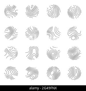 Jeu d'icônes rondes avec carte topographique en lignes, carte circulaire avec grille géographique.r2 Illustration de Vecteur