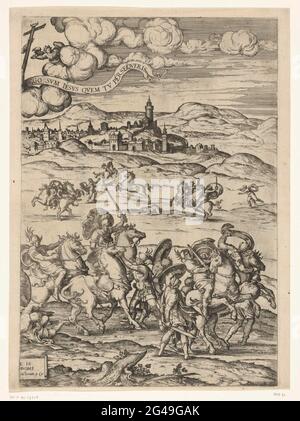 Conversion de Paul. Plaque droite. Les soldats romains se battent à l'extérieur de Damas. Les chevaux paniquent. Actuellement au sommet, Christ apparaît des nuages avec deux anges. Deux bandéroles à côté de Christ citations 9: 4-5. Un bandérole central en bas cite plus loin des actes 9. Banque D'Images