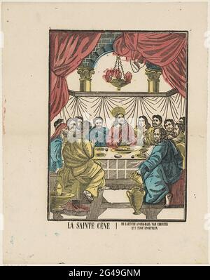 La Sainte Cêne / le Laetste-Mael van Christ / avec ses apôtres. Feuille avec une grande représentation du dernier supeur. Dans le maître d'ouvrage le titre en néerlandais et en français. Banque D'Images