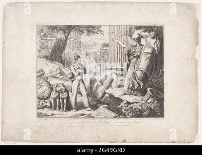 Titre imprimé avec Bartolomeo Pinelli et Roma; à Mezzo tous Rovine del Foro, Roma mi Apparve Ella SUA Maestosa Dignità, E Grandezza; Histoire de l'Empire romain; Frontespizio della Iistantia Romana. Vue sur Rome avec le Colisée et les ruines d'autres monuments. L'artiste Bartolomeo Pinelli, à côté de lui deux chiens, représente la personnification de Rome (Roma), une femme en robe avec casque et un bouclier avec la lupa capitolina qui suce les jumeaux romulus et remus. Banque D'Images