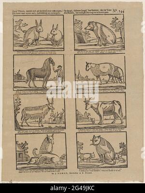 Deez 'animaux, se montrer comme menant pour vos yeux, / chaque genre d'être Aart, disposition et capital; / à ce GE, ô Keene jeunes! Sait que votre 'état / comme l'homme, l'animal le plus utile monte. Feuille avec 8 représentations d'animaux, comme un porc, un cheval et un mouton. Sous chaque image, un verset à quatre lignes. Numéro en haut à droite : N° 144. Banque D'Images