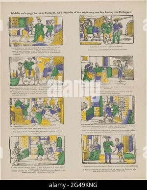 Fridolin ou le page du Roi le Portugal / Fridolin ou le Nokelnep van den Roi de Portugael. Leaf avec 12 représentations de l'histoire de Fridolin, accusé par Robert Vals. Le roi du Portugal recommande à de première personne de se jeter dans le four, et lui envoie Fridolin. Mais cela s'échappe parce qu'il se trompe d'abord. Robert subit le lot de Fridolins. Sous chaque image une légende en néerlandais et en français. Numéroté au milieu ci-dessus: N 67. Banque D'Images