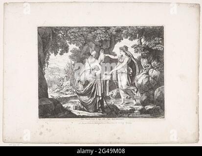 NUMA Pompilius visite la Nymph Egeria; Numa Pompilio, Riceve le Leggi Dalla Ninfa Egeria; Histoire de l'Empire romain; Frontespizio della Iistantia Romana. NUMA Pompilius visite la Nymph Egeria et reçoit les lois. En arrière-plan gauche un Dieu de rivière et la Lupa Capitolina qui suce les jumeaux romulus et remus. Banque D'Images