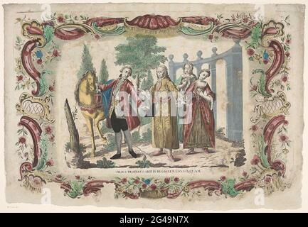 Le fils perdu dit Au revoir à son père; Filius Prodigus Abiit dans Regionem Longinquam. Le fils perdu quitte la maison parentale. À gauche, le fils perdu, qui dit Au revoir à son père, qui est au milieu au milieu. Sur la droite, deux dames qui appuient la main sur le coeur. Les personnages sont habillés de vêtements du XVIIIe siècle. Titre sous montrer. La scène est prise dans un bord d'ornement. Banque D'Images
