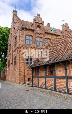 De belles maisons historiques en demi-bois et des cloisons en briques bordent une rue pavée à Ribe Banque D'Images