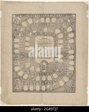 Jeu de plateau d'oie, env. 1760-1790; Het Nieuwen Vermaecklyck Goerspel. Jeu de plateau d'oie avec boîtes 1-63. Au milieu les règles. Partie d'un groupe de jeux pour enfants et de compagnons imprimés dans la période ca. 1750-1850. Banque D'Images