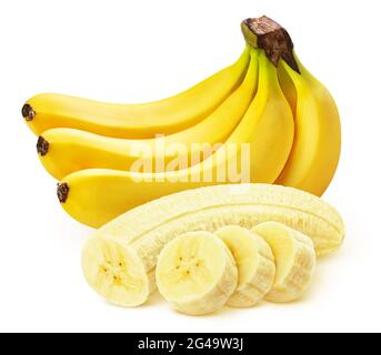 Banane isolée sur fond blanc, entière et coupée en tranches Banque D'Images