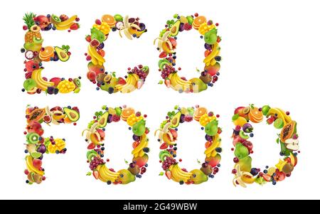 Mot ECO food fait de différents fruits et baies Banque D'Images