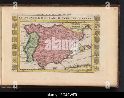 Carte d'Espagne; carte générale de Spanjen / le Royaume d'Espagne avec ses Confins. Carte de l'Espagne et du Portugal, de part et d'autre seize parties d'armes de terre. Partie d'un atlas avec 223 cartes de pays et de villes et échafaudages de guerre en Europe dans la période d'environ 1690-1735. Banque D'Images